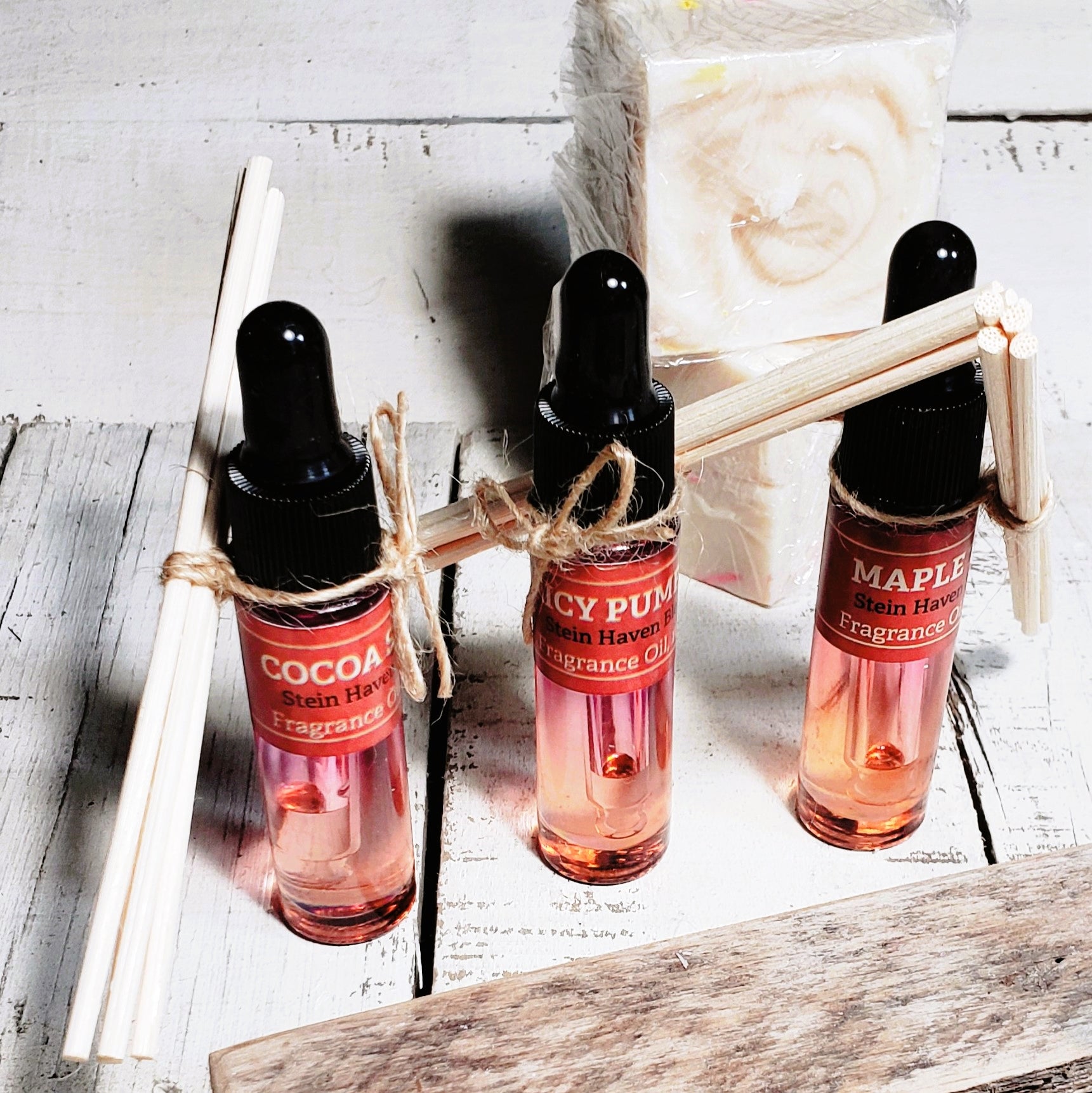 Blended Home Fragrance Oils, Eyedropper Vile, 10ml, with Diffuser Reeds- Cocoa Spice, Spicy Pumpkin & Maple Tea
