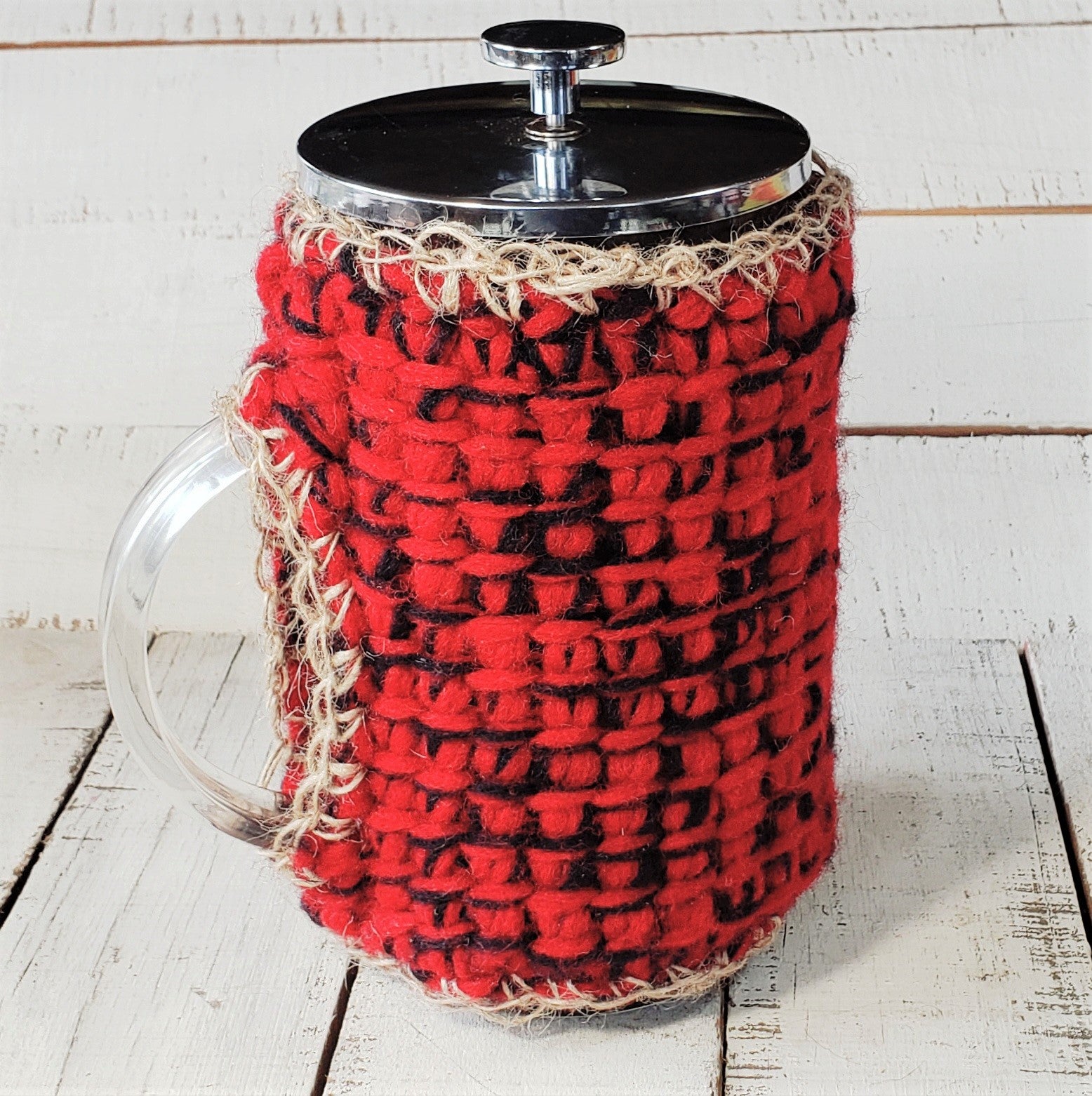 French Press Cozy, Cafetiere, Bean Blanket, Bean Belt Cover- Brick Red,