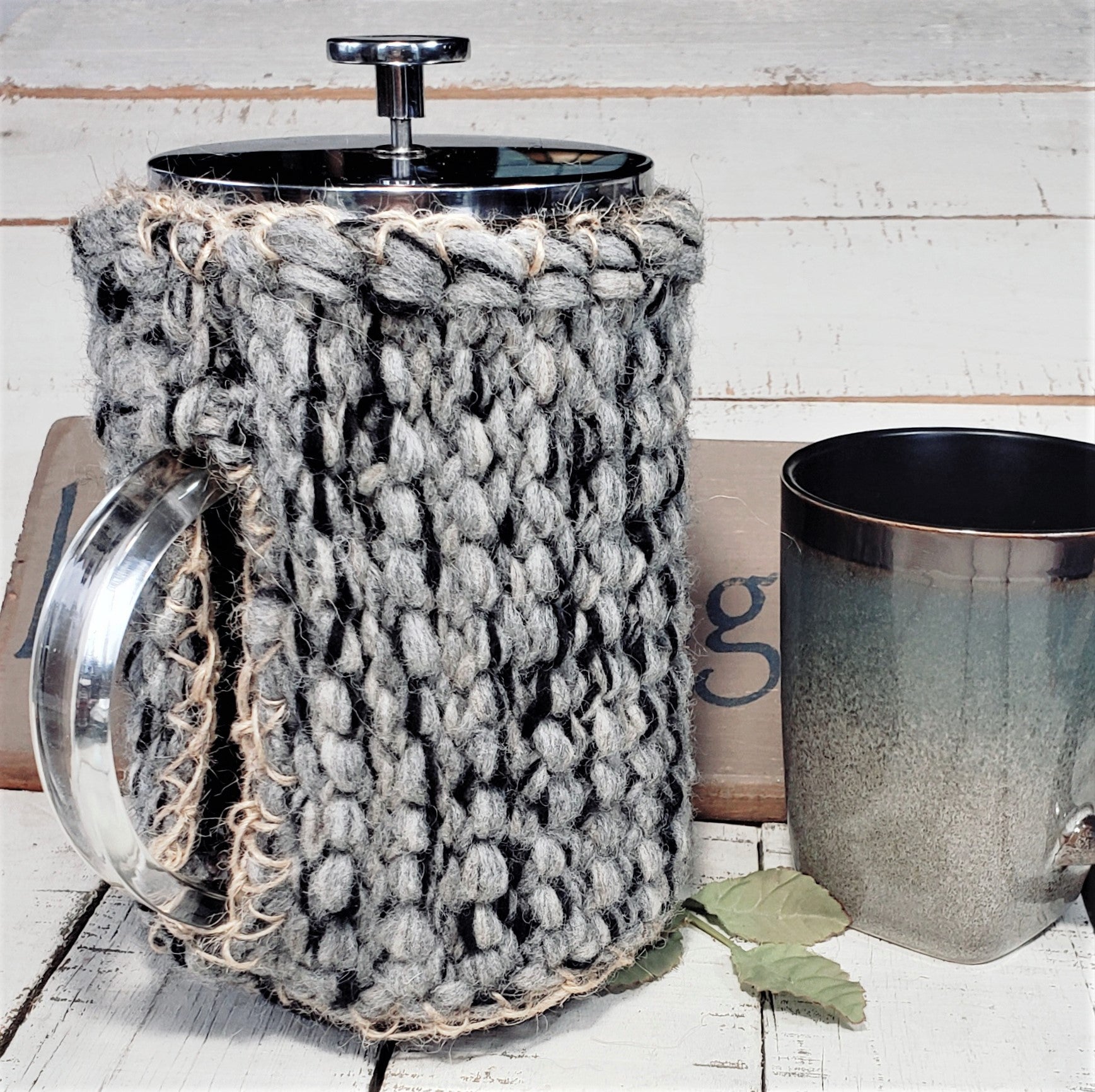 French Press Cozy, Cafetiere, Bean Blanket Belt Cover- Granite Grey Reversible