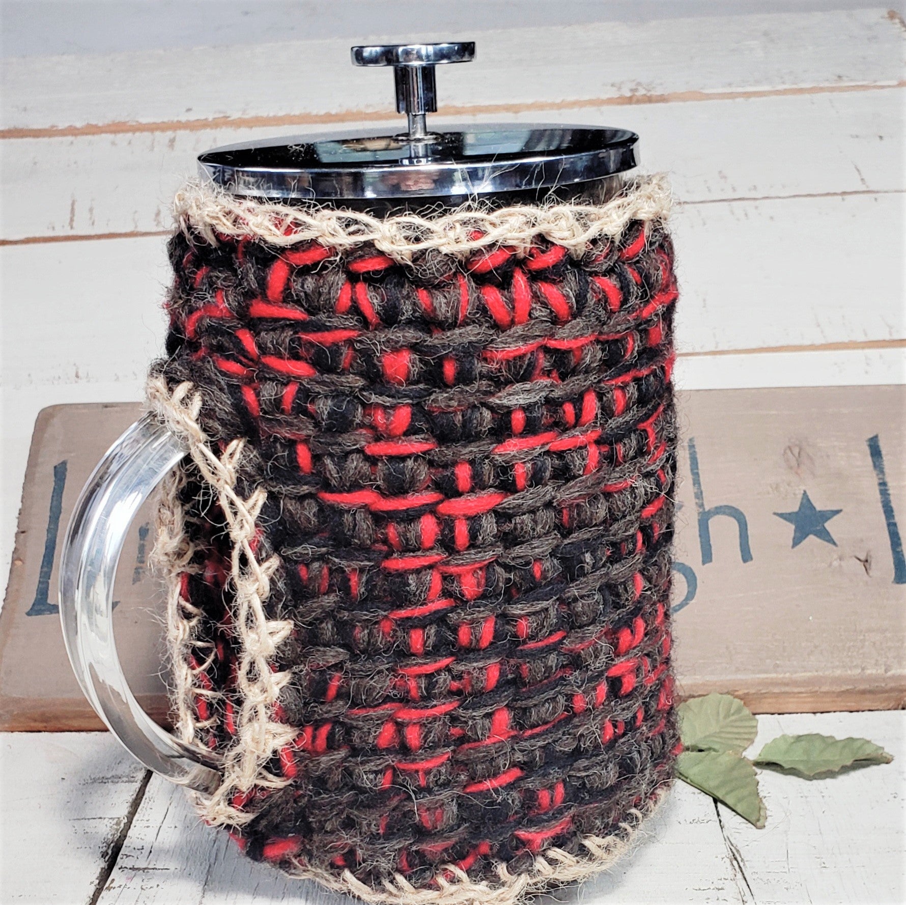 French Press Cozy, Cafetiere, Bean Blanket, Bean Belt Cover- Brick Red w Mocha