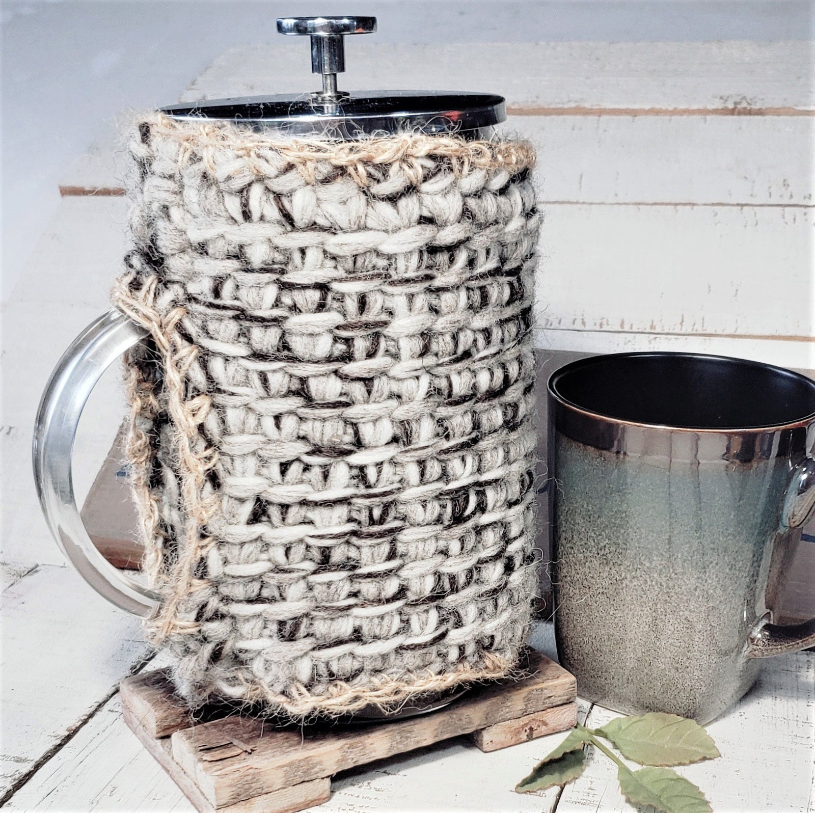 French Press Cozy Cafetiere Cosy Hand Knitted With Field of Sheep